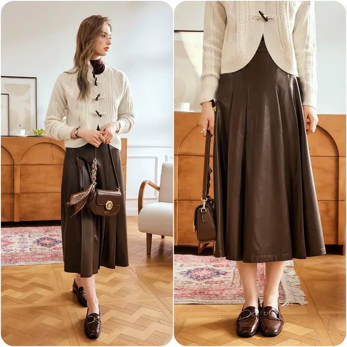 Jupe longue plissée OLrain en cuir synthétique pour femmes, style rétro chic, coupe trapèze décontractée, élégance intemporelle, idéale pour vos journées printanières et automnales