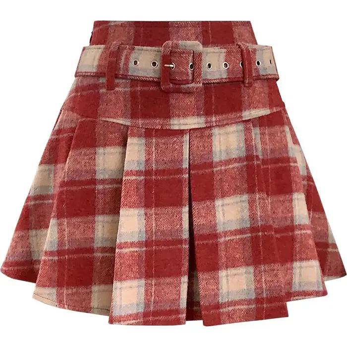 Jupe mini plissée en laine à carreaux rouges taille haute pour femme