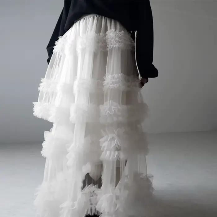 Jupe trapèze haute en tulle pour femme, maille légère et extensible, volants multilignes, été et printemps, élégance et confort