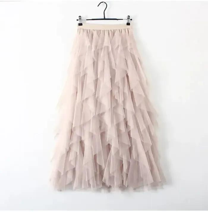Jupe longue plissée évasée en tulle et gaze à taille haute élastique pour femme