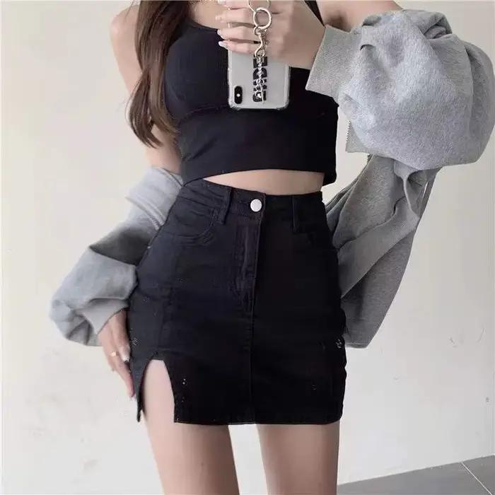 Jupe en jean vintage high-waisted fendue pour femmes, style coréen, mode courte, été, coupes ajustées, noir, bleu, blanc, gris