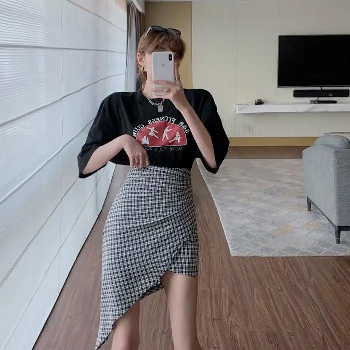 Nouvelle jupe à carreaux, jupe trapèze amincissante mi-longue irrégulière taille haute pour femmes d'été