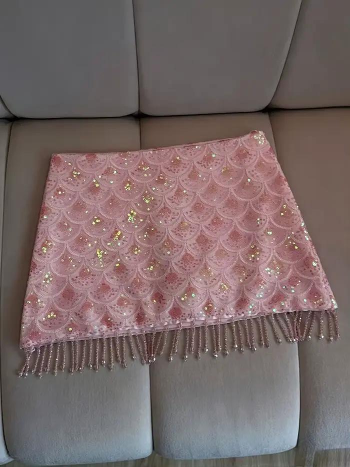 Jupe courte à sequins pour femme, polyester, coupe trapèze, taille haute, mini, collection Printemps Été 2026, plage, vacances