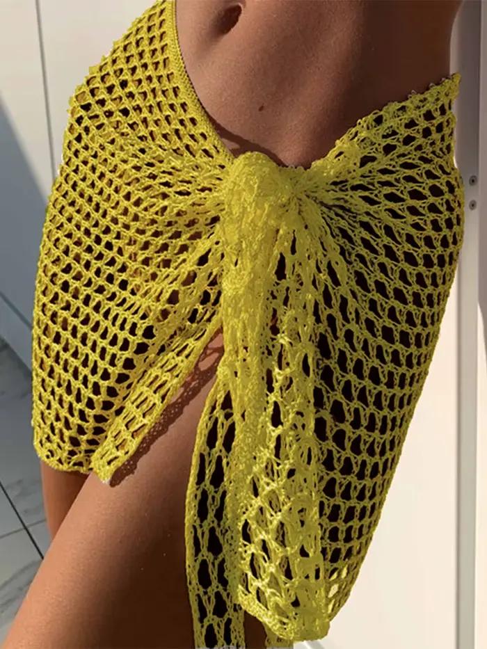 Femmes jupe de plage évidé solide noir blanc jaune vert tricoté Mini
