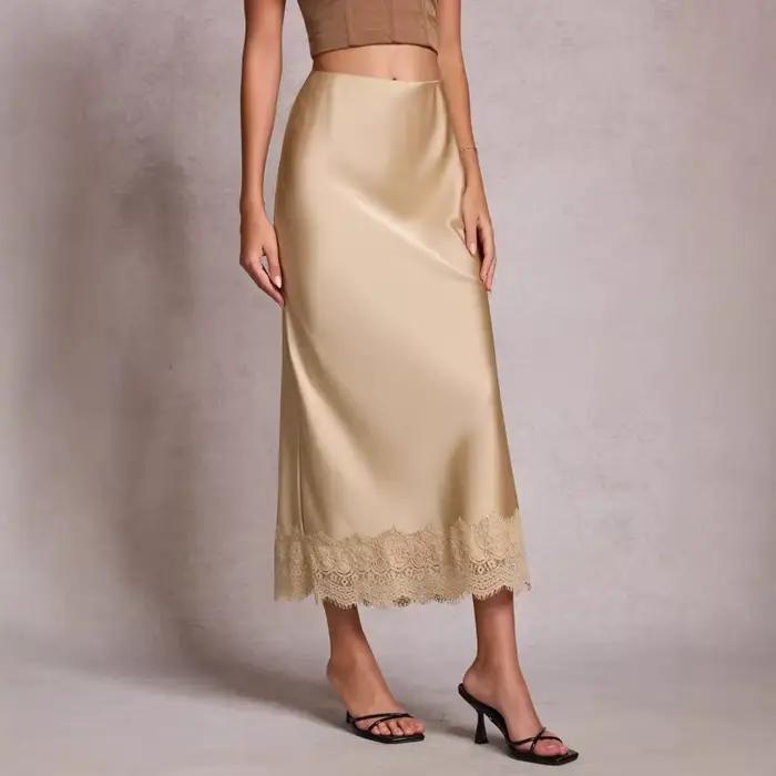 Jupe en satin à dentelle taille haute élastique