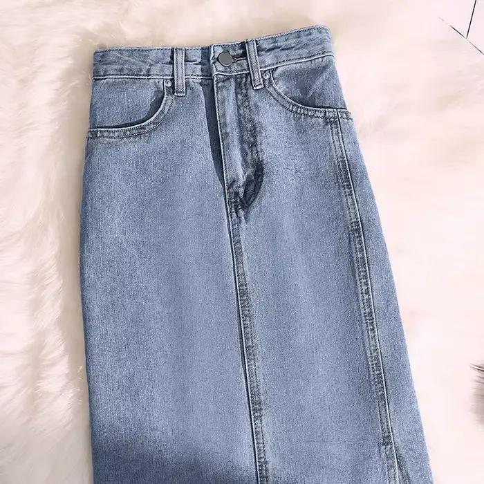 Femmes en détresse Denim jupe épissé enveloppement fesses jupes taille haute lavé solide cheville longueur fermeture éclair mouche poches décontracté
