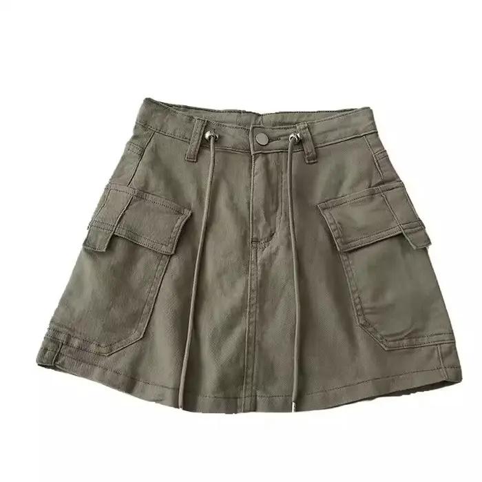 Mini-jupe en jean rétro taille haute avec cordons de serrage des deux côtés pour femme – Collection Automne 2025 – Design polyvalent et tendance