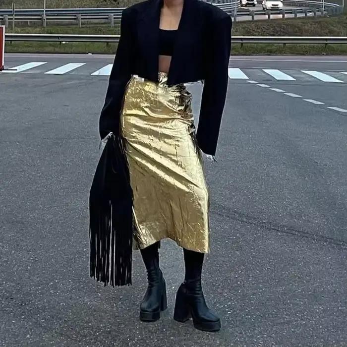 Jupe midi taille haute dorée pour femmes
