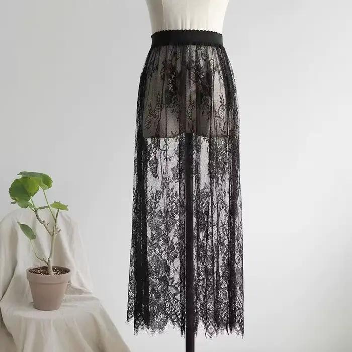Transparent Sexy dentelle maille jupe élastique taille haute noir blanc Tulle Mini jupes femmes