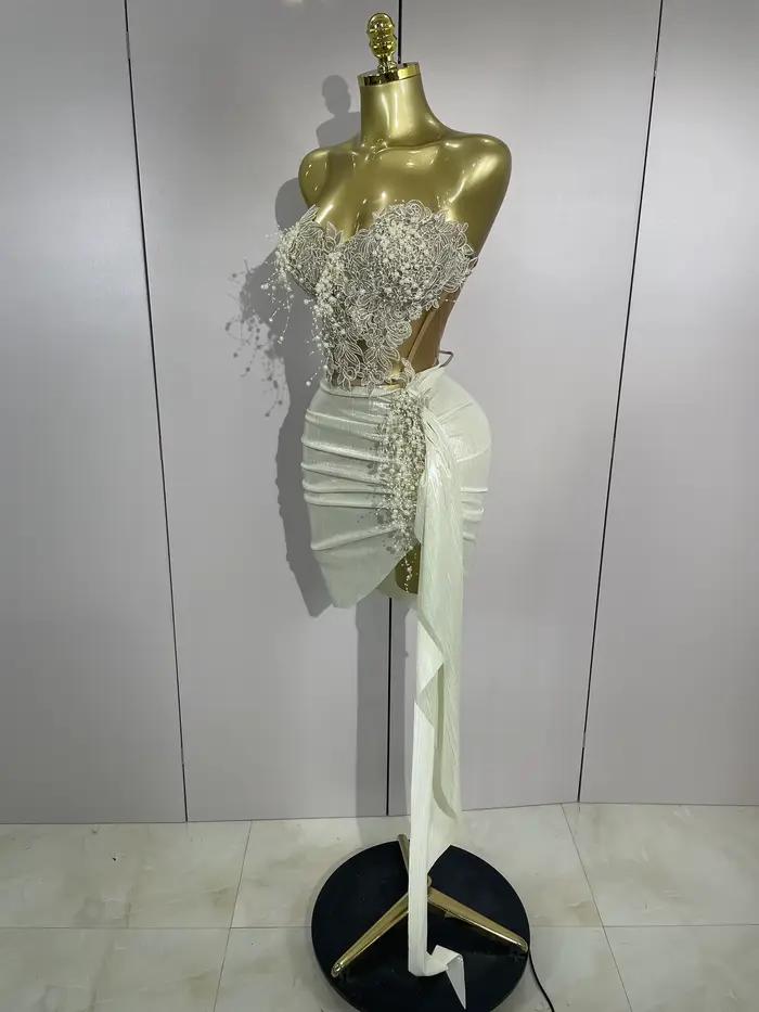 STOCK luxe perles brillantes Sexy jupe asymétrique 2 pièces ensemble 2025 femmes soirée fête d'anniversaire scène danseur Performance Costume