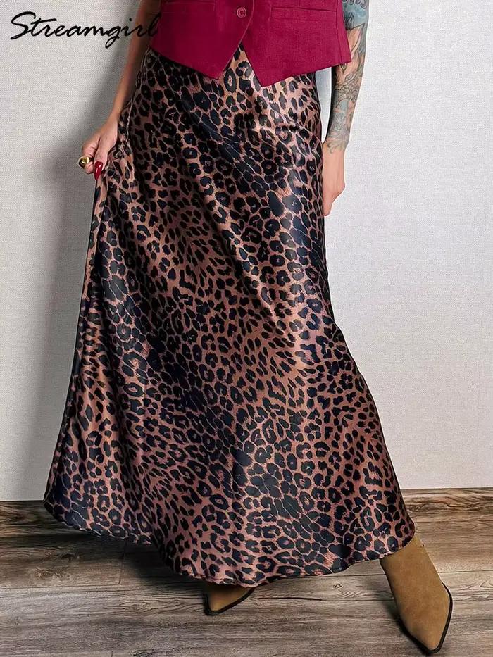 Jupe longue léopard en Satin pour femmes