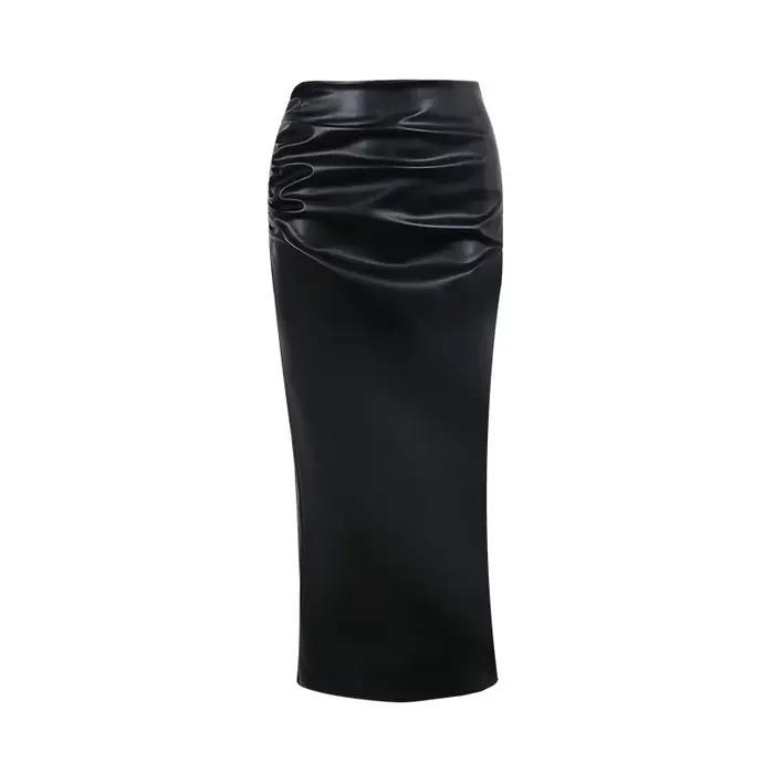 Jupe mi-longue en faux cuir PU pour femmes, style Y2K, coupe haute et mince, longueur cheville, polyester, plis élégants, soirée et cérémonie, noir et blanc, printemps automne