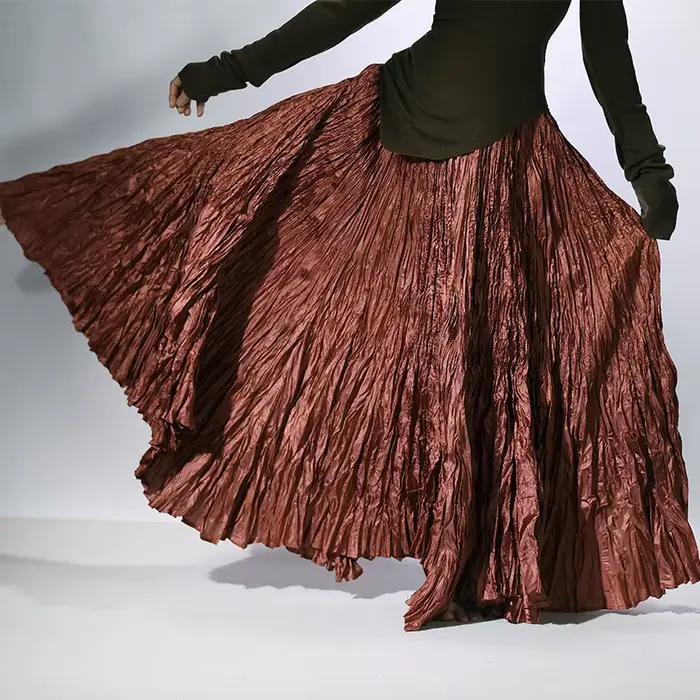 Jupe longue plissée fluide taille haute style flamant rose pour femme 2026