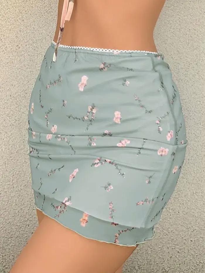 Jupe femme imprimé fleuri maille Double couche taille haute Mini jupes femmes 2025 nouvel été Streetwear Club Boydcon