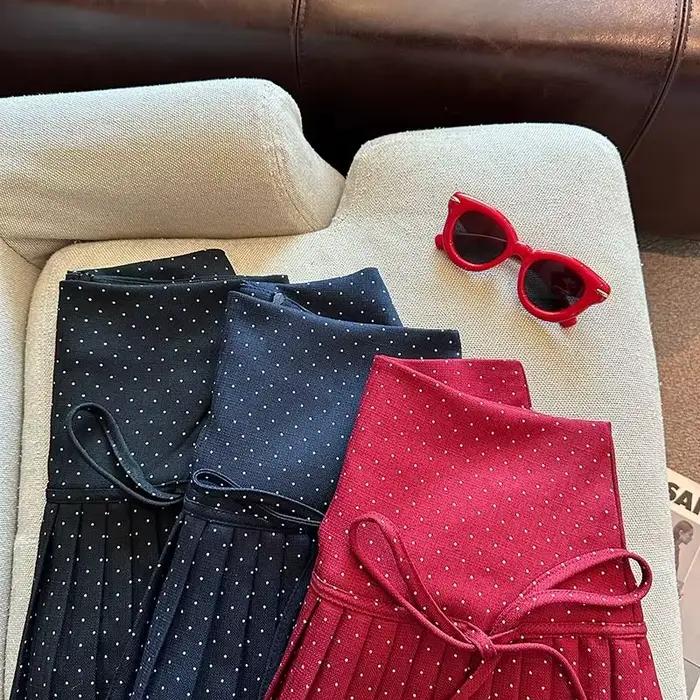 Jupe plissée à pois pour femmes, jupe rouge avec nœud papillon, un mot, 2026