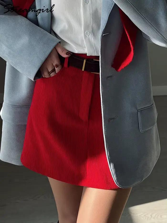 Printemps velours côtelé Mini jupe bordeaux pour femmes marron Vintage une ligne jupes courtes avec court à l'intérieur
