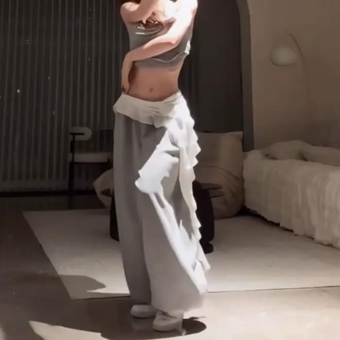 Jean pantalon décor léopard dentelle Mini jupe irrégulière Y2K Streetwear à lacets volants