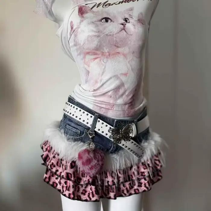 Mini-jupe Y2K Léopard en Denim Patchwork Style Vintage Américain Années 2000 Sexy Subculture Harajuku Streetwear