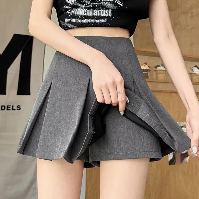 Jupe plissée grise coréenne élégante pour femmes, coupe empire, minceur, style vintage, adapté à toutes les saisons