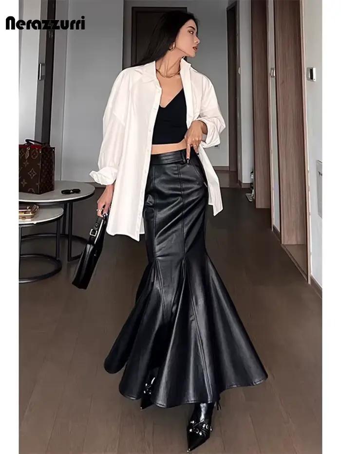 Lautaro printemps Chic élégant noir doux Pu cuir Midi sirène trompette jupe femmes taille haute Extra longue luxe élégant vêtements