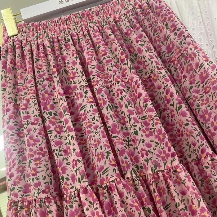 Jupe mi-longue à imprimé floral taille haute pour femme, nouveau style coréen amincissant, rétro et polyvalente, idéale pour l'été
