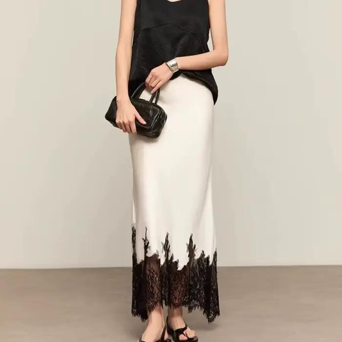 Jupe mi-longue en coton satin et dentelle élégante taille haute pour femmes, nouvelle collection été, occassions spéciales et vêtements de bureau ```