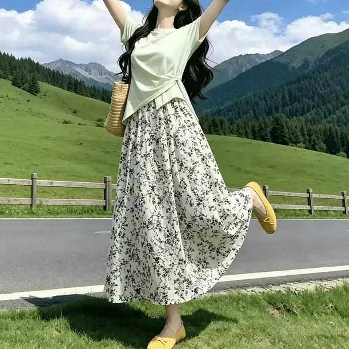 Jupe midi pour femme, taille haute élastique
