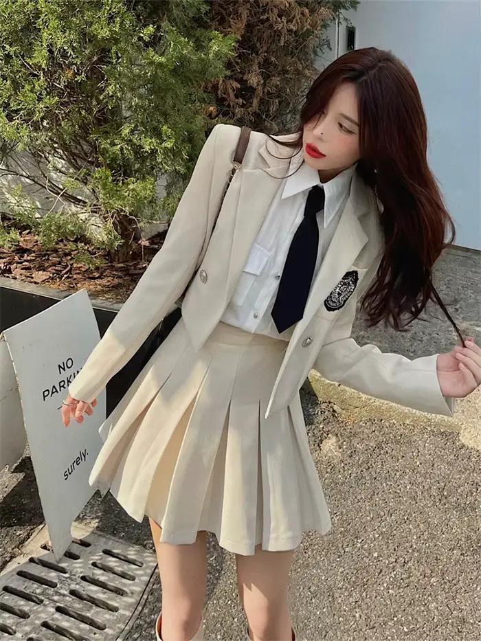 Xgoth Style Preppy jupe ensemble dames Blazer costume + chemise unie avec cravate + taille haute