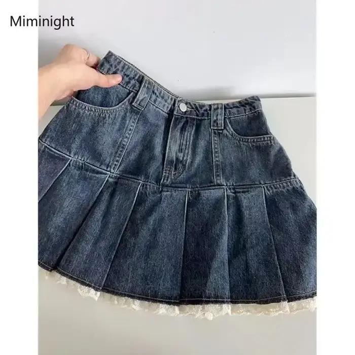 Jupe en jean bleu pour femme, patchwork de dentelle douce, mini jupes plissées Y2k, mode coréenne, mince, taille haute, ligne A, streetwear décontracté pour femmes toutes saisons