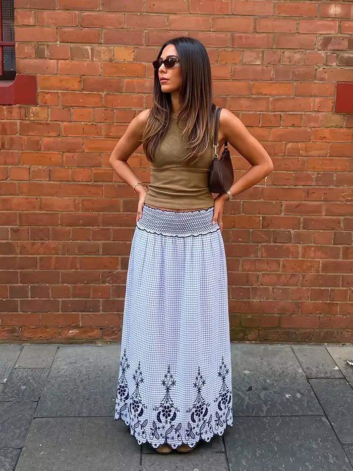 Jupe longue smockée à taille haute pour femme