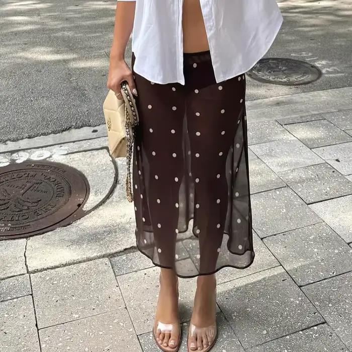 Hirigin femmes à pois pure jupe Midi Sexy voir à travers taille basse
