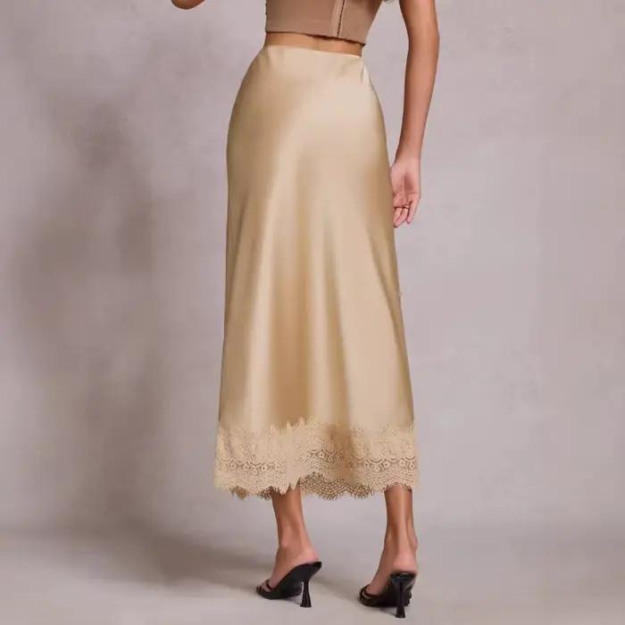 Jupe en satin à dentelle taille haute élastique