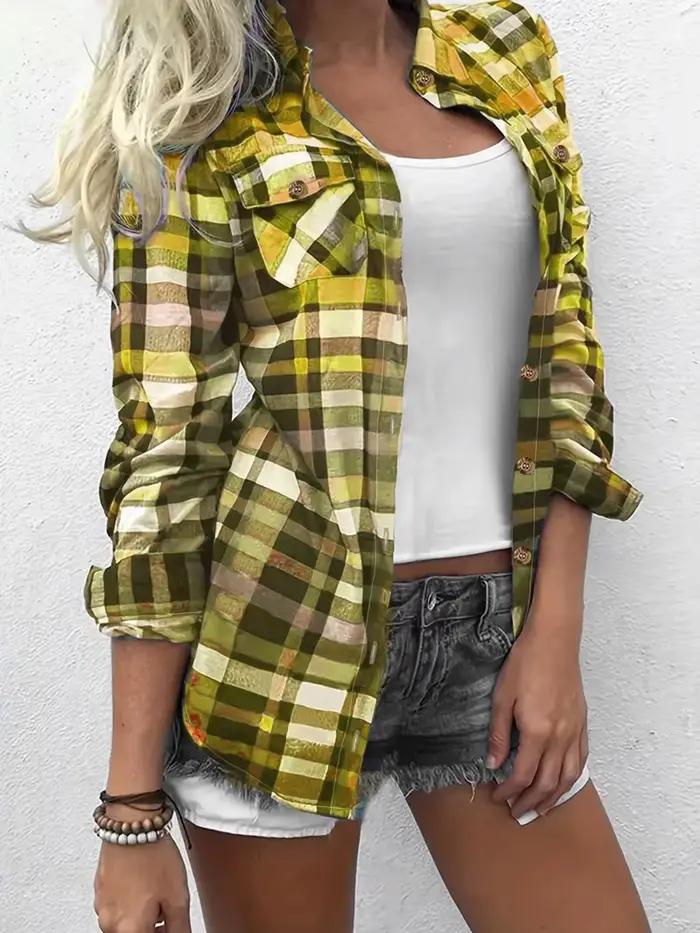 Chemisier à carreaux décontracté pour femme, manches longues, vert et jaune, coupe ample, boutonnage simple, style vintage chic, printemps automne, streetwear
