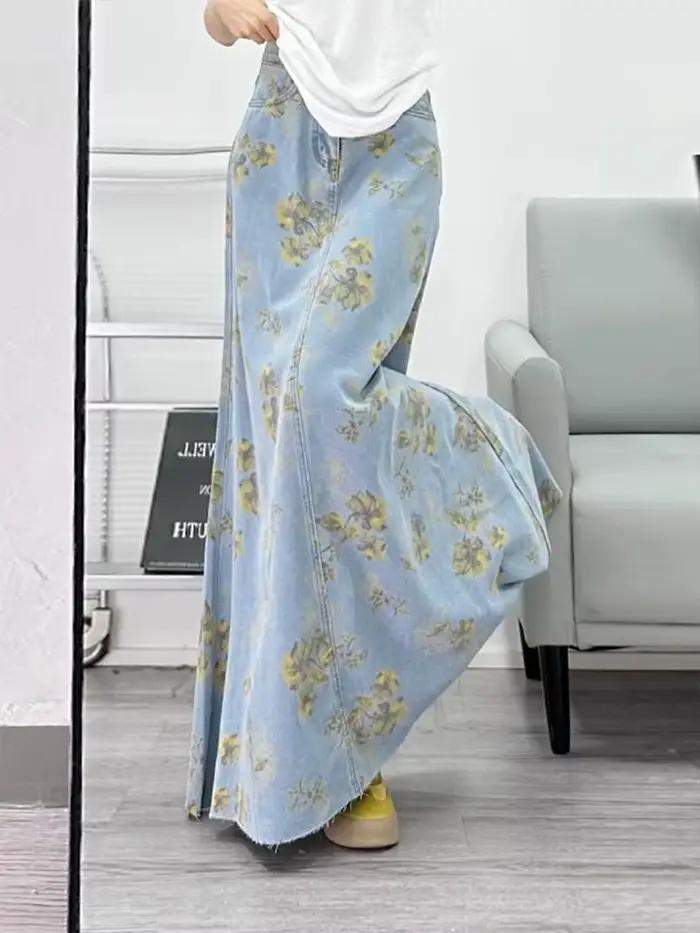 Imprimé fleuri Denim jupes longues femmes été mince Maxi jean jupe Vintage taille haute