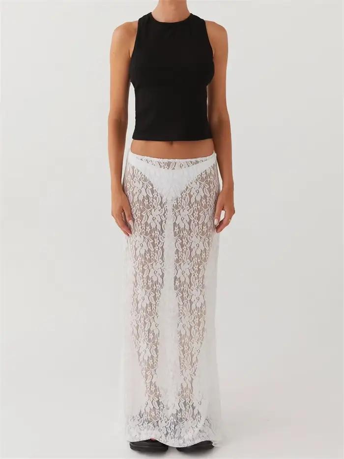Jupe en dentelle polyester pour femmes, style Y2K, coupe régulière, longueur cheville, élégante, soirée sur la plage, été