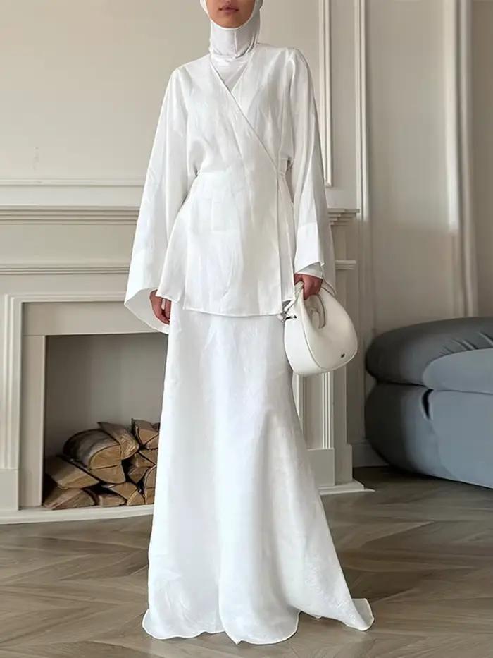 Mode col en v à lacets haut jupe femmes ensemble élégant solide longue chemise sans manches