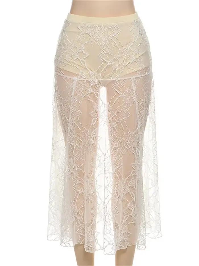Jupe longue transparente en dentelle imprimée pour femme