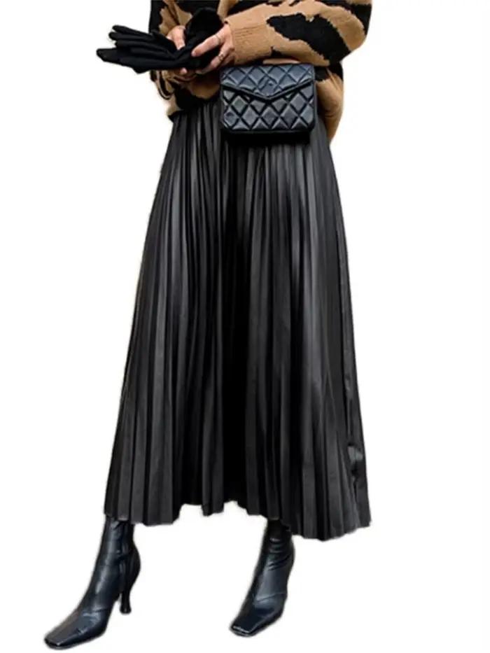 Jupe plissée en cuir PU noir pour femmes