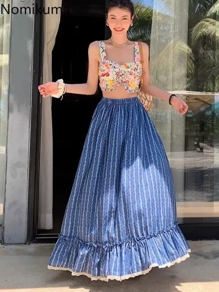 Jupe Saia Trapèze Rayée Coton Polyester Femme Occasions Spéciales Été 2025 Volants Décoratifs
