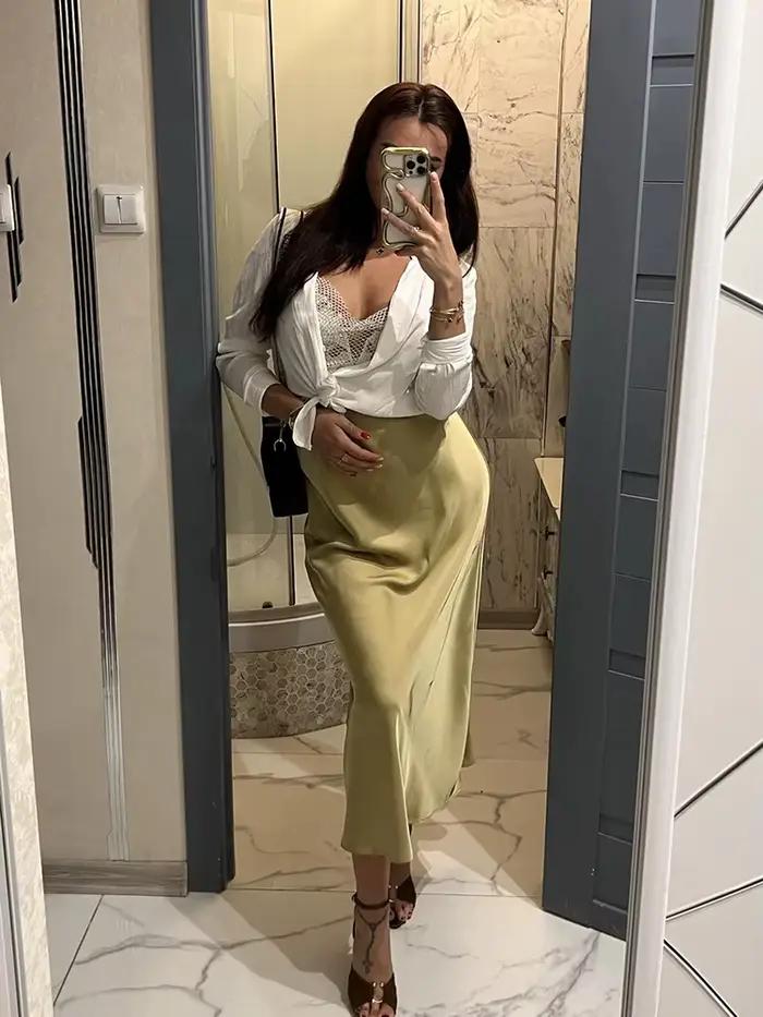 Mode Satin fête jupe longue taille haute couleur unie décontracté basique femmes jupes queue de poisson