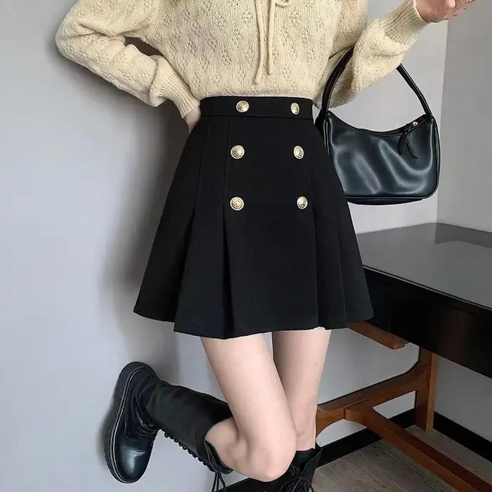 Jupes plissées femmes bouton loisirs concepteur couleurs pures élégant Harajuku Style coréen Faldas BF Vintage tout-match automne hiver