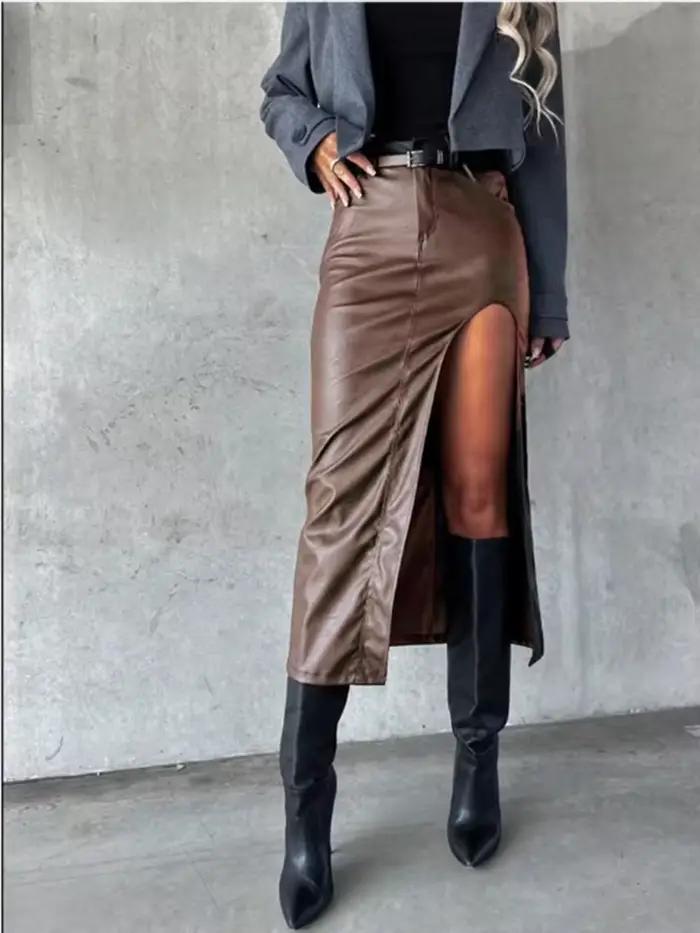 Jupe mi-longue en cuir Pu pour femmes
