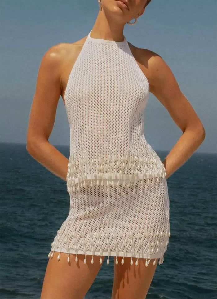 Chic tricot perle demi jupe femmes mode mince a-ligne jupes femme 2025 été nouvelle dame maillots de bain vacances offre spéciale S M L