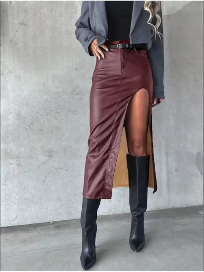 Jupe mi-longue en cuir Pu pour femmes