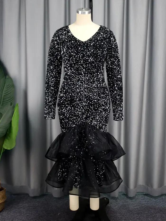 Robe sirène à paillettes pour femmes grandes tailles soiree formelle soirée晚会女士长裙礼服连衣裙夜店派对晚礼服高弹力亮片喇叭裙