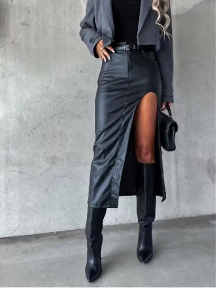 Jupe mi-longue en cuir Pu pour femmes