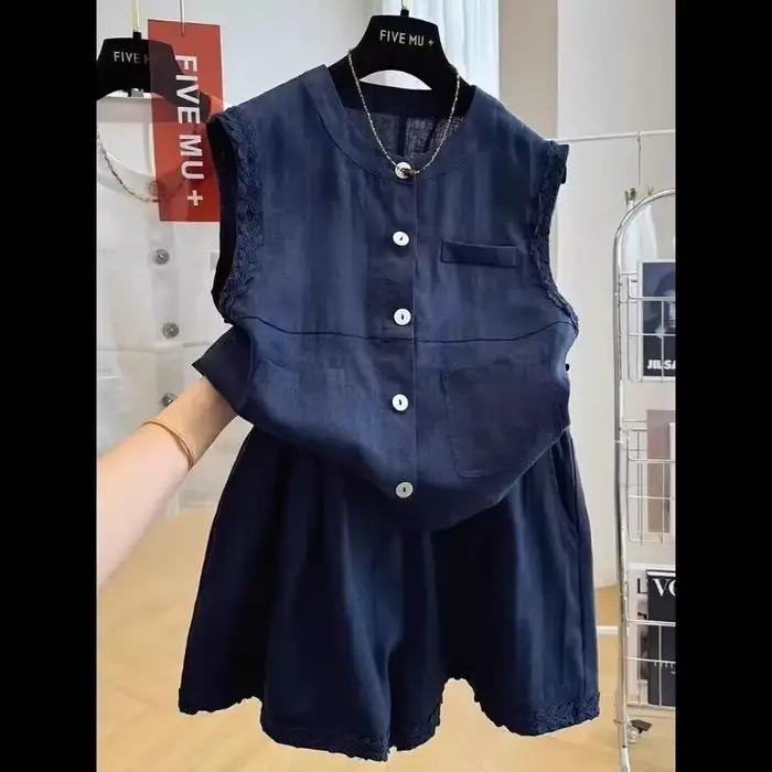 Ensemble deux pièces pour femmes, veste sans manches et jupe, tissu en lin, bordure en dentelle, bouton sur le devant, poche, tenue décontractée blanche