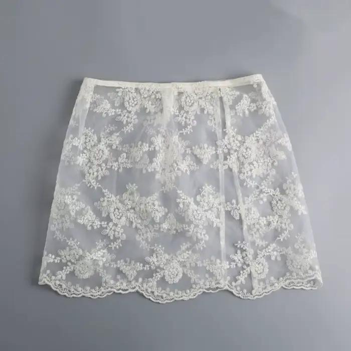 E56A Femmes coréennes à broderie fleur en dentelle courte jupe tablier