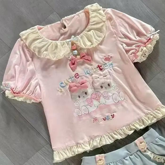 Ensemble jupe et t shirt style lolita kawaii japonais pour femme avec noeud et imprimé chat mini jupes mignonnes effet gâteau y2k harajuku occassions estivales et événements spéciaux
