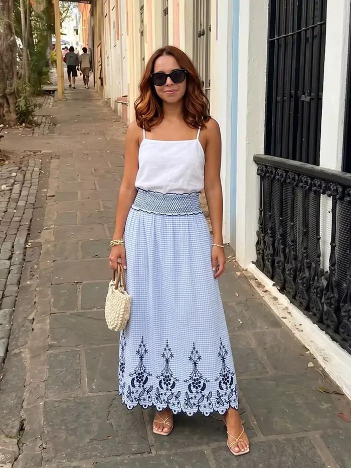 Jupe longue smockée à taille haute pour femme
